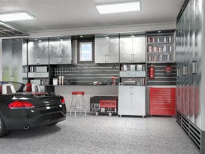 Clean, organized gray and red garage with workshop area