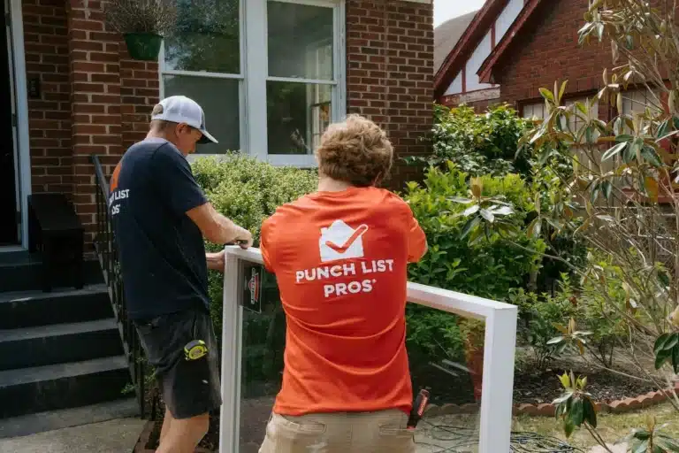 Ramp Installation 1 Installer building an exterior wheelchair ramp for a residential entrance, ensuring safe and convenient accessibility.