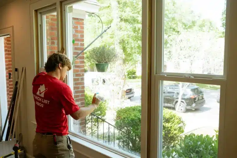 Worker repairing a damaged window frame, restoring its strength and preventing leaks and drafts.